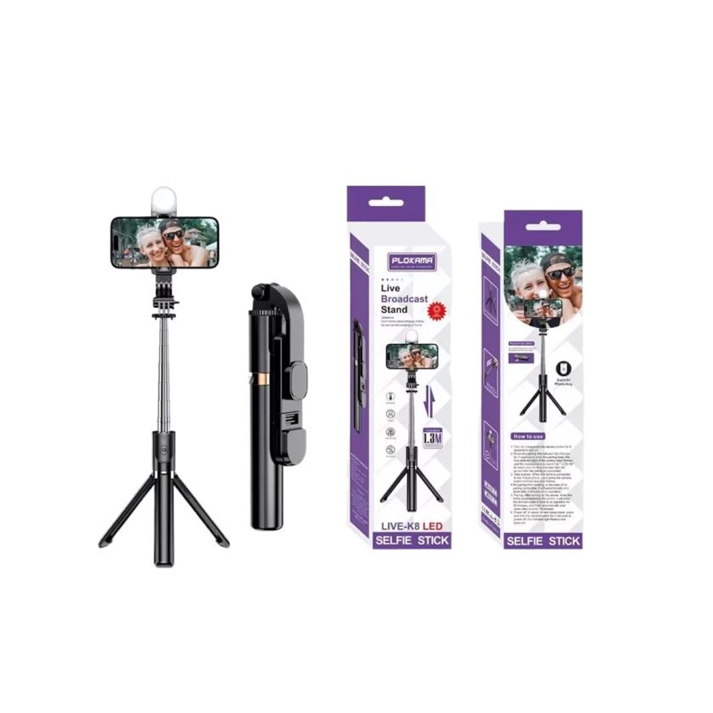 K8 LED Selfie Stick Tripod – 130cm Extendable | Bluetooth Remote & LED Light